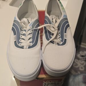 Vans Men’s White Canvas Sneakers with Blue Wave Accents